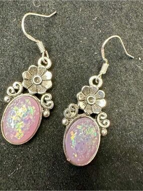 Silver Floral Dangle Earrings with Purple Opal Cabochon